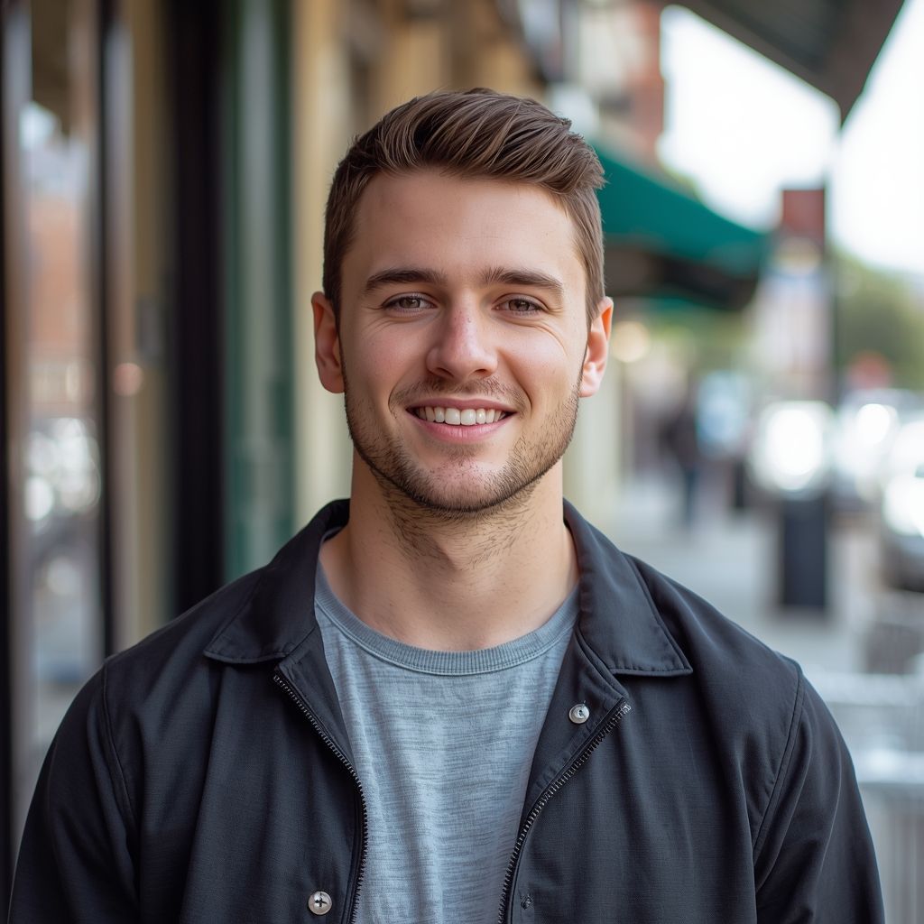 Smiling male professional portrait outdoors in a city environment with soft natural light