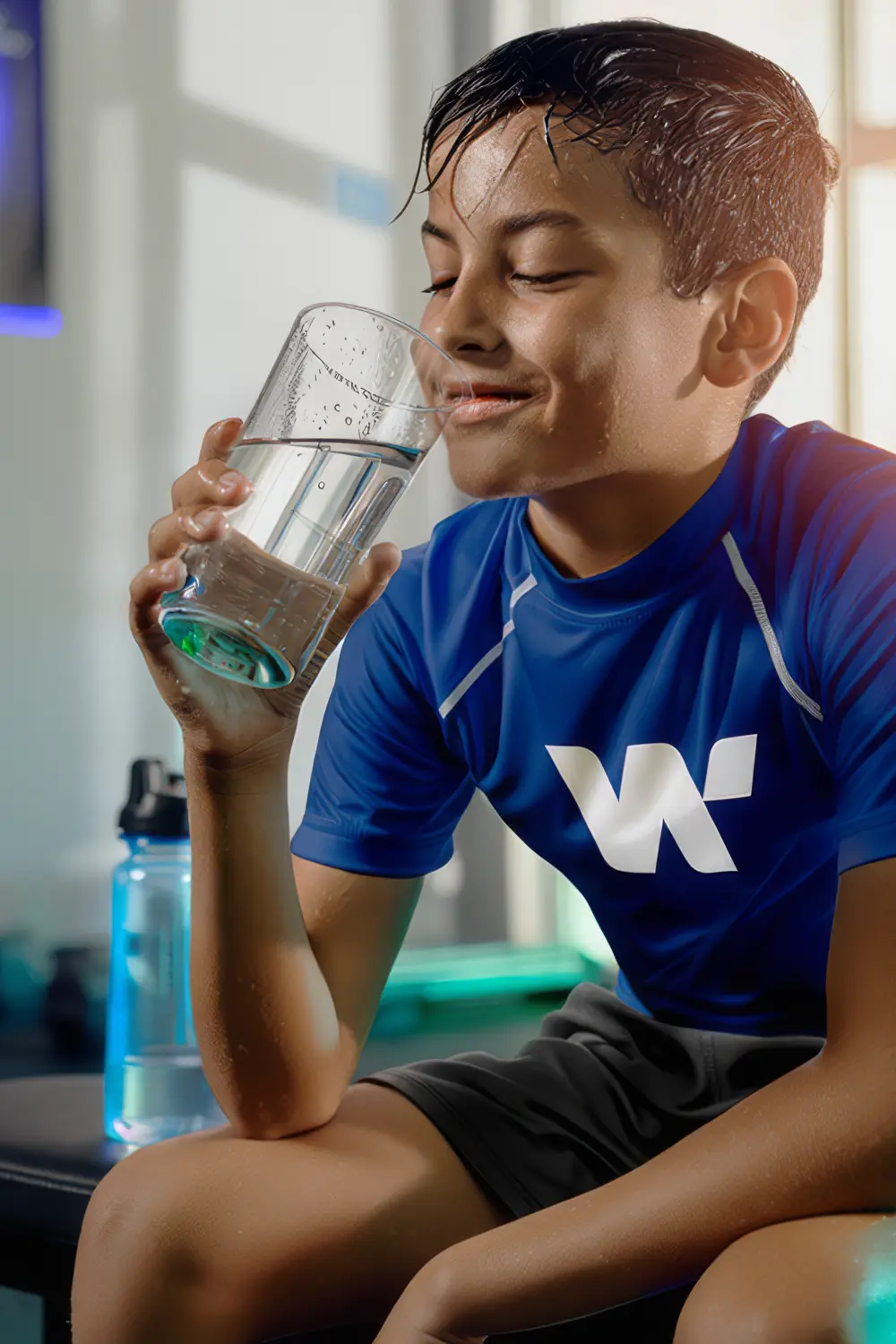 Junge mit Stadtwerke Weißenfels Logo auf dem Shirt trinkt ein Glas Wasser