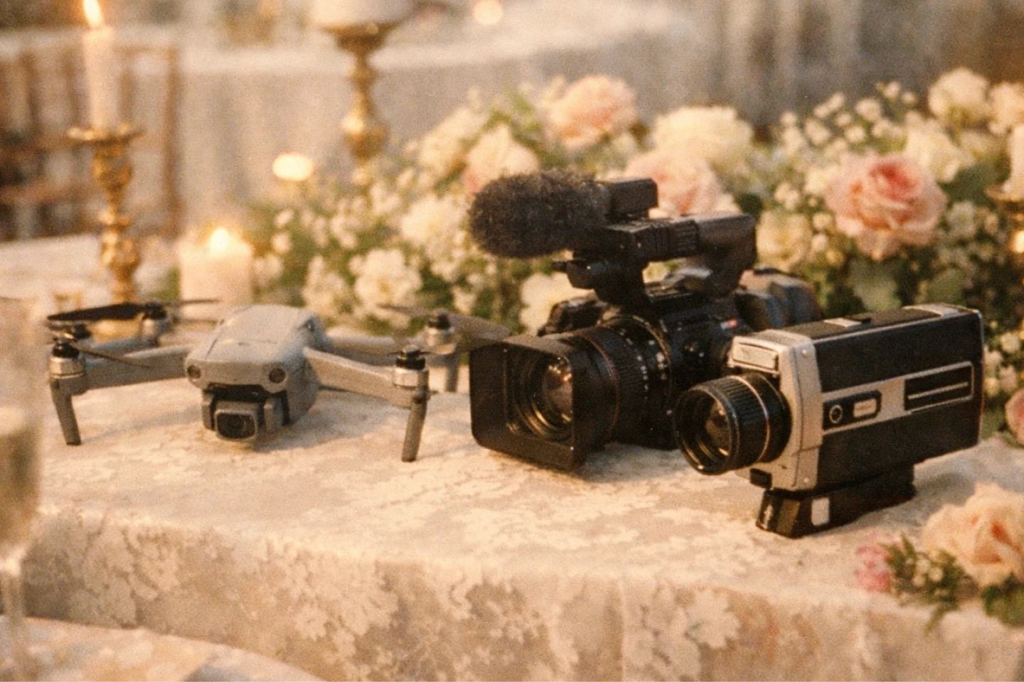 3 cameras - a drone, regular video camera, and a Super 8 camera - splayed out on a wedding table surrounded by flowers