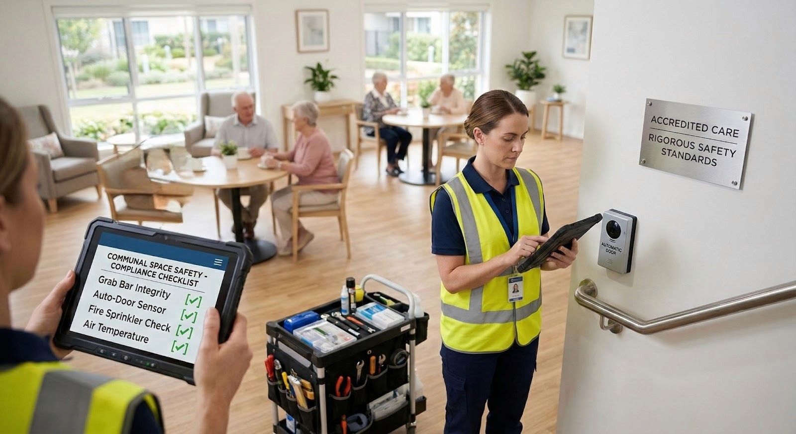 A facility management worker in high-vis clothing uses a tablet to complete a digital safety checklist in an aged care communal area. The tablet shows "Communal Space Safety - Compliance Checklist" with green checkmarks for grab bar integrity, fire sprinklers, and air temperature.
