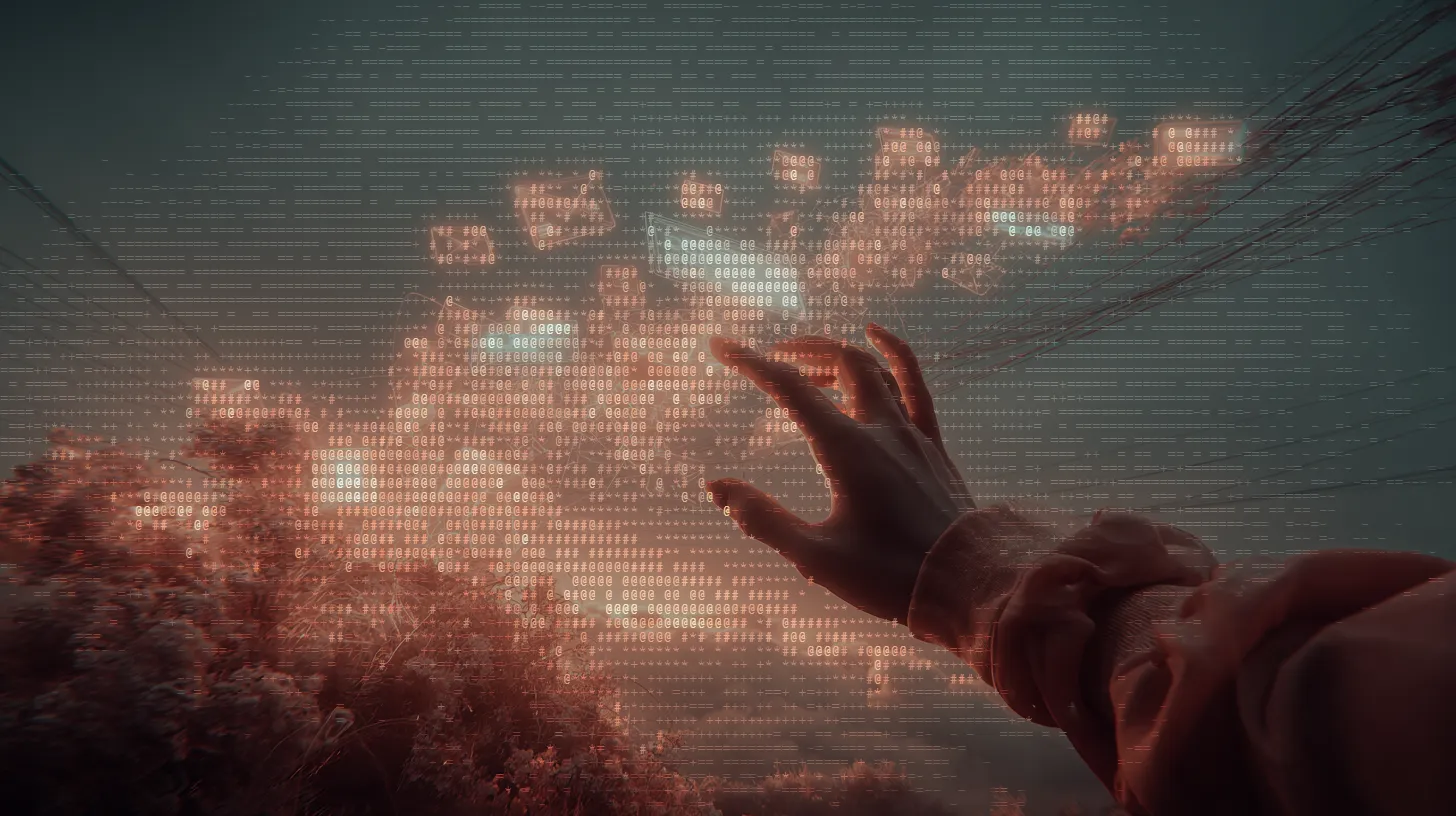 A futuristic concept art image of a man’s hand reaching up to the sky to catch envelopes.