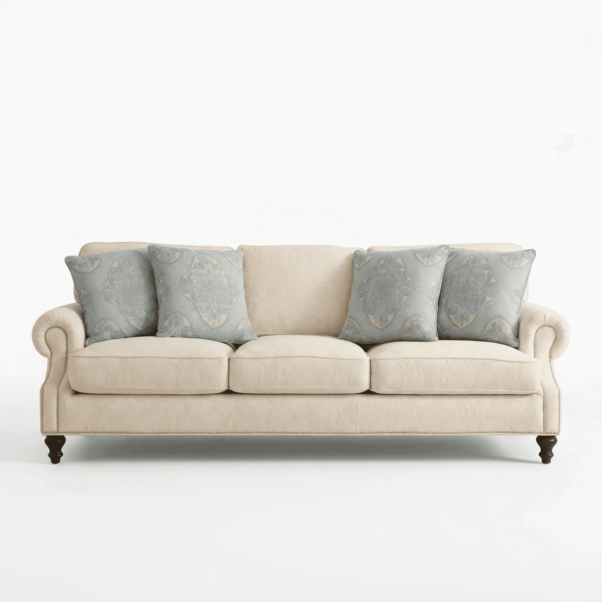 A classic three‑seater defined by rolled arms, plush cushions, and an elegant, tailored form.