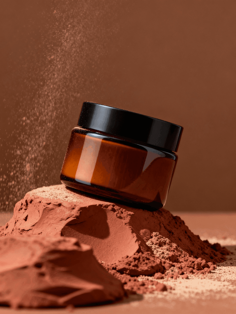 A brown glass cosmetic jar with a black lid sits atop a mound of earth-toned clay powder, against a warm brown background, highlighting the theme of natural skincare products.