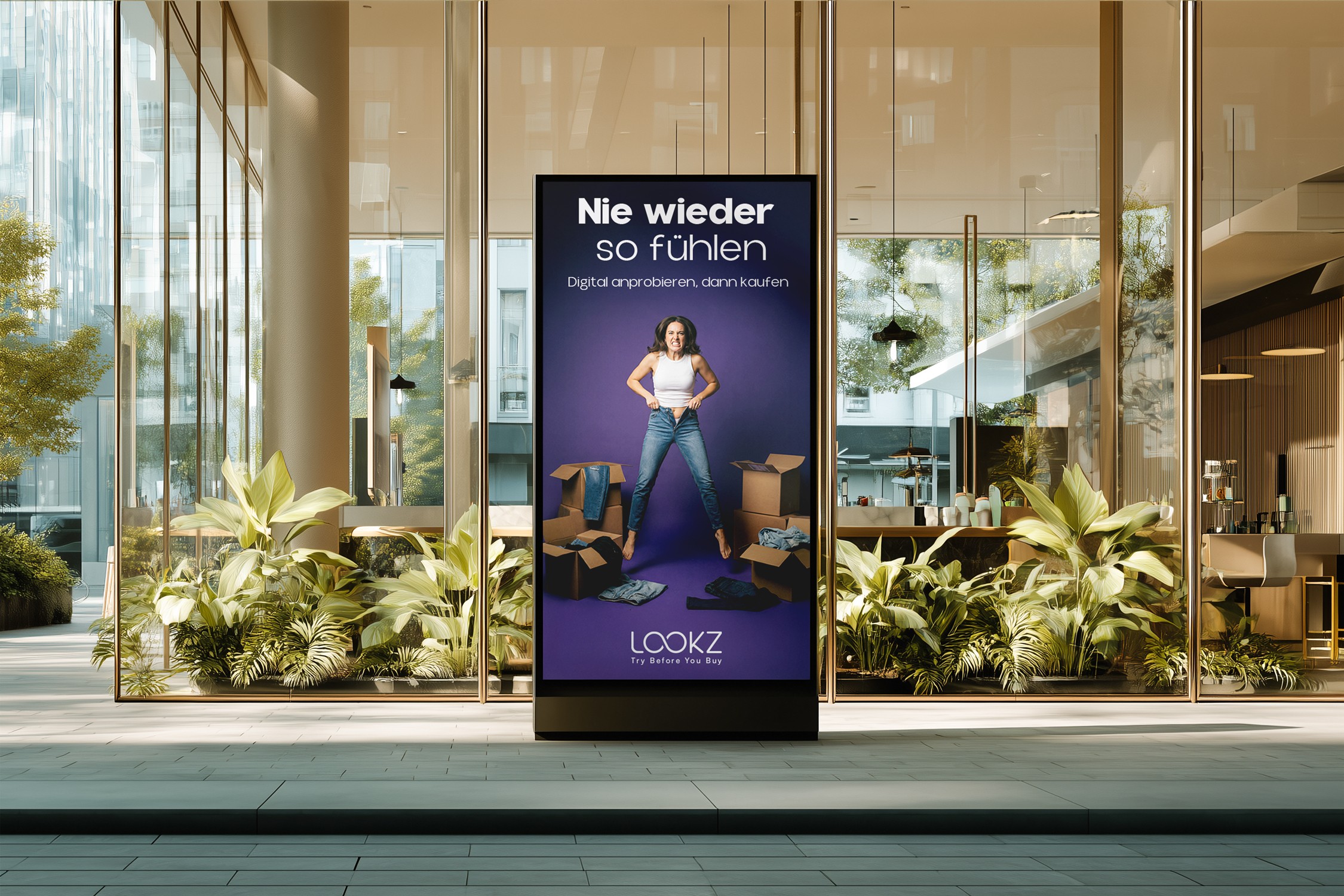 Digital advertising display showing a fashion campaign poster for Lookz in a modern glass building lobby