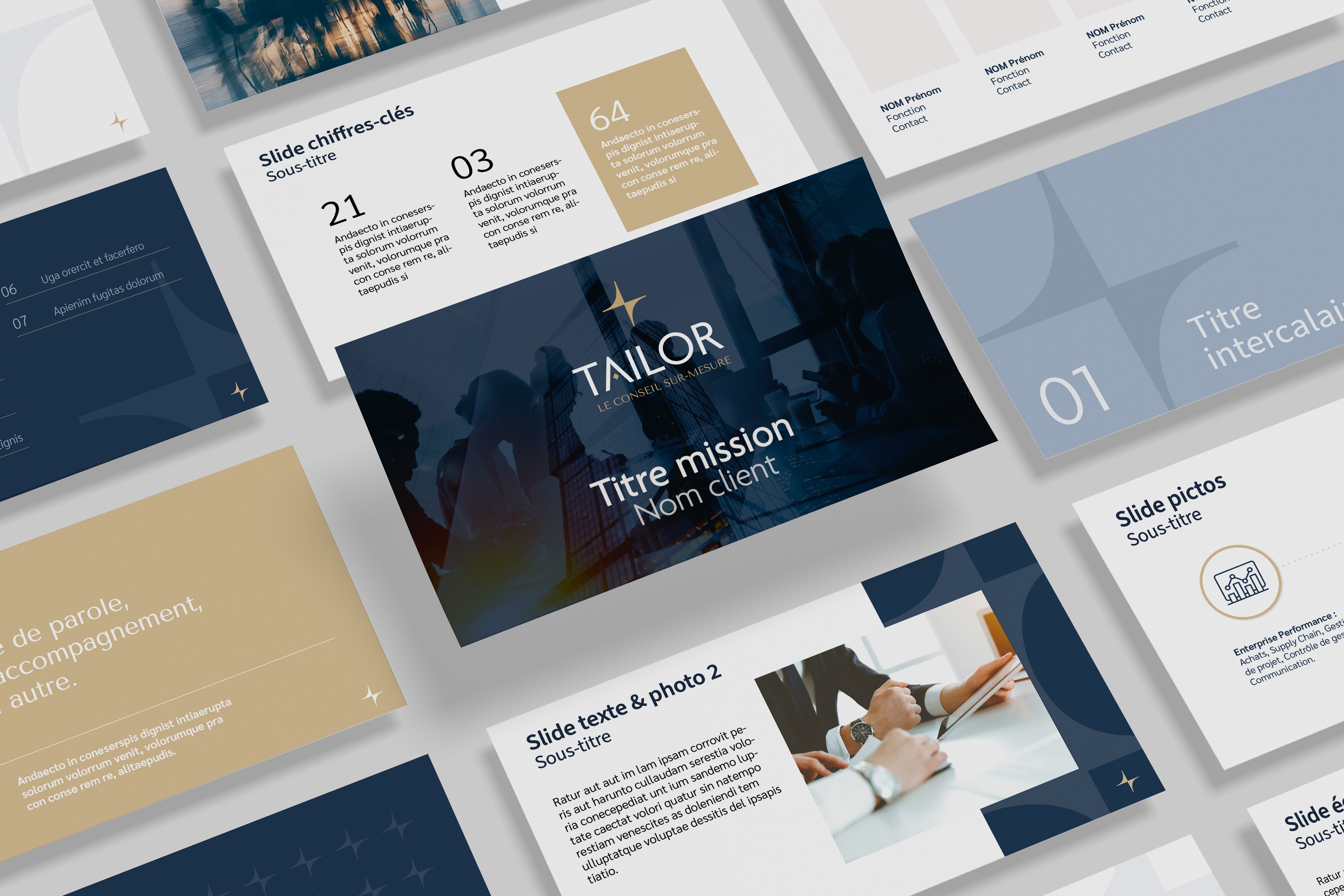 Gabarit de diaporama pour cabinet de consulting Tailor, design premium et épuré
