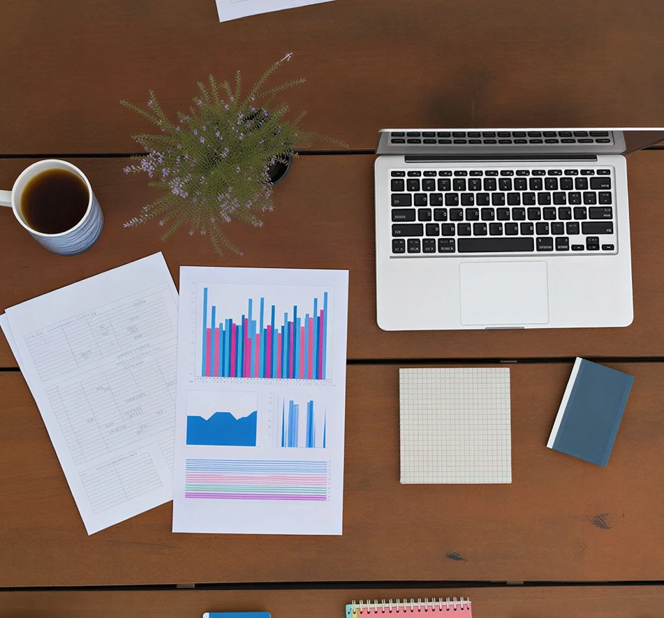 Overhead view of a desk with printed performance charts, a laptop and a coffee cup.