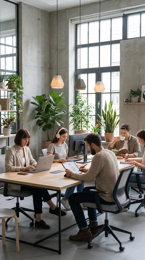 Team working at the table in well lit office