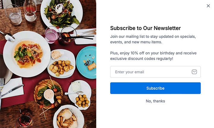 Restaurant Email Signup Popup