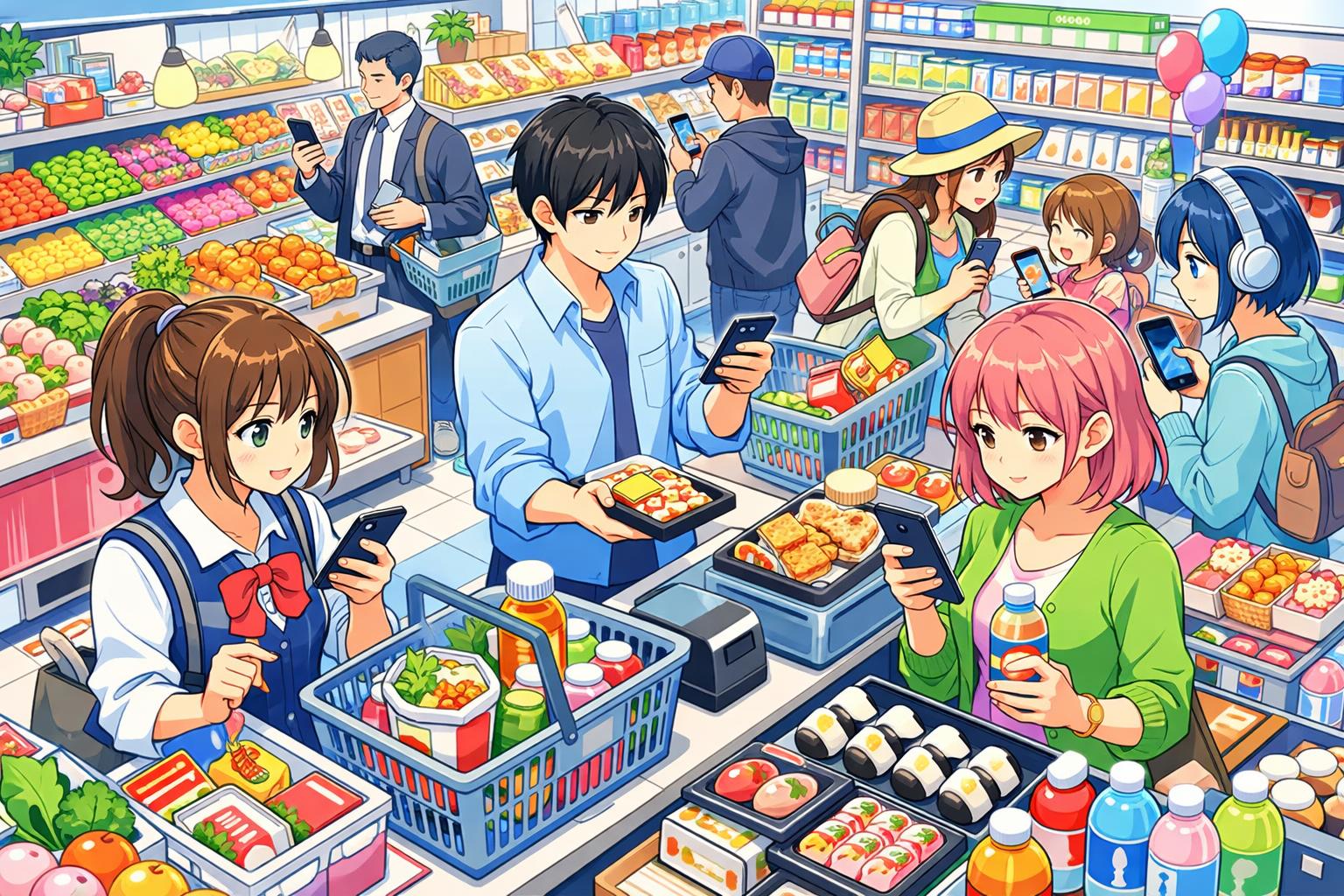 detailed anime-style illustrated scene with manga art direction of a bustling supermarket at lunchtime with people buying with cell phones.
