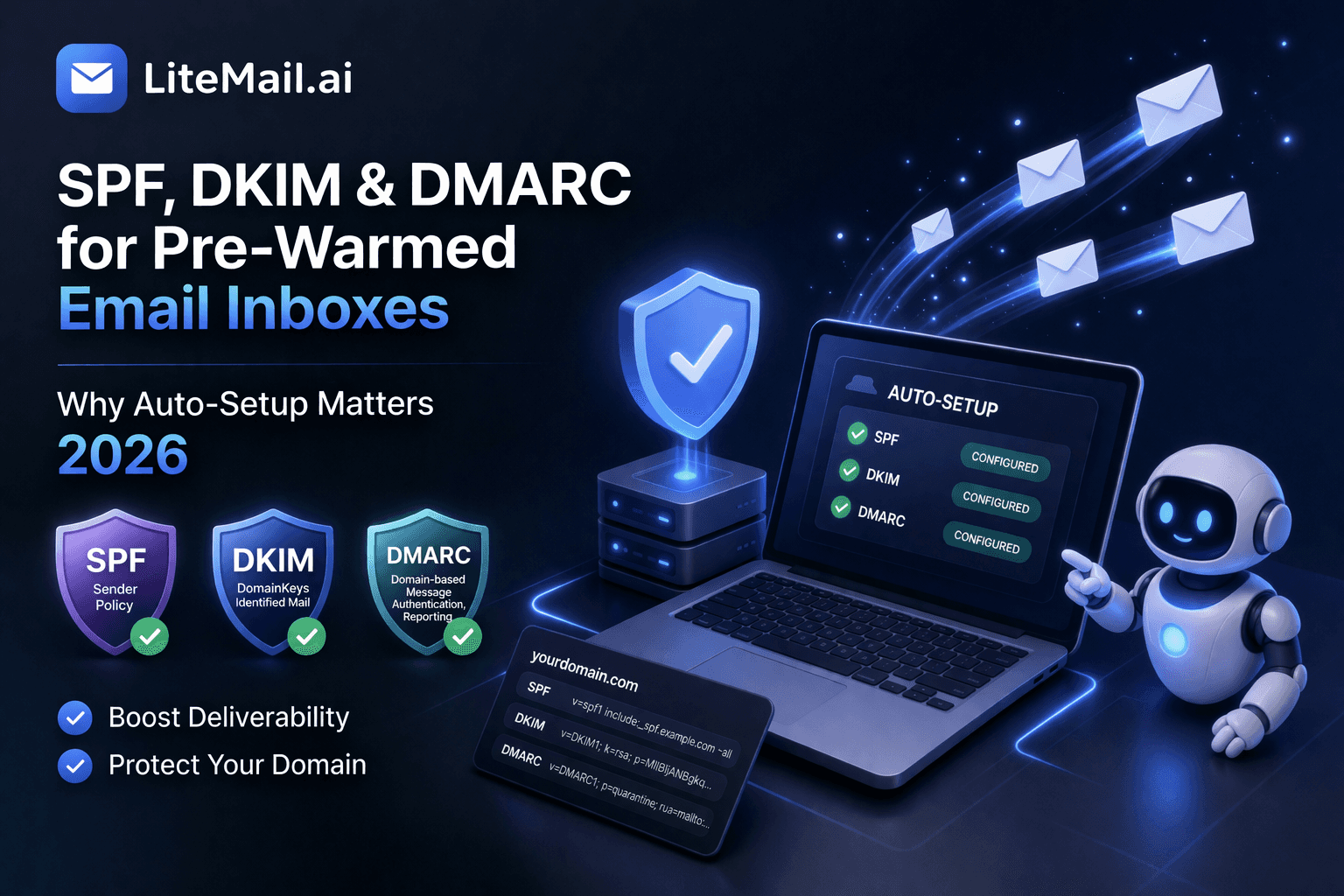 LiteMail.ai explaining SPF, DKIM, and DMARC for pre-warmed email inboxes, featuring a secure digital environment with glowing email servers, authentication shields, and verification checkmarks,