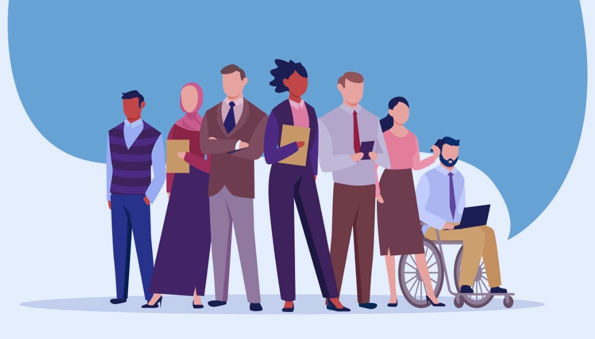 Illustration of diverse group of professionals, including individuals of different ethnicities and abilities.