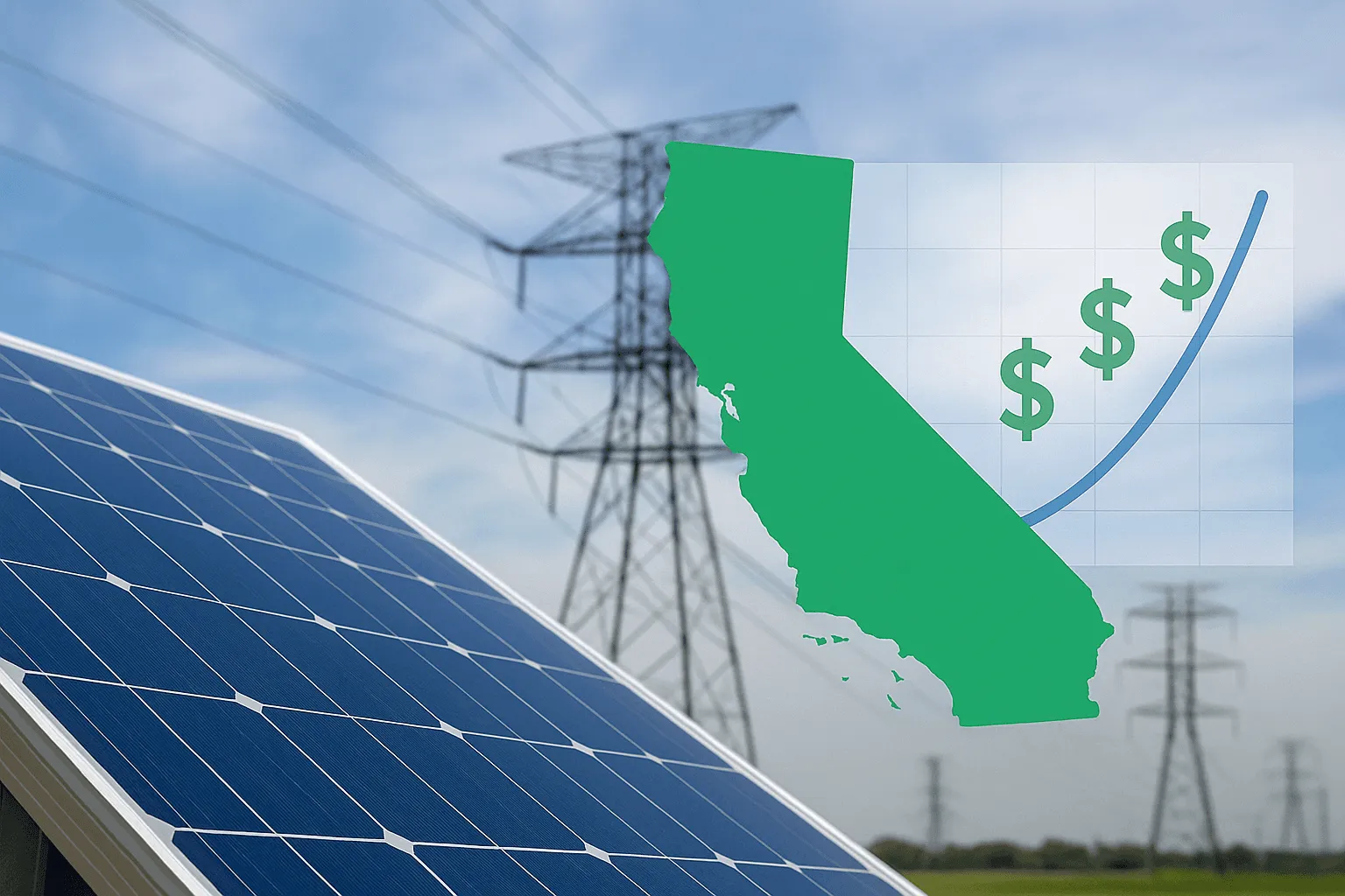 A solar panel in the foreground with electrical transmission towers and power lines in the background. Overlaid is a green silhouette of the state of California with a chart showing an upward curve and dollar signs, symbolizing rising electricity costs.