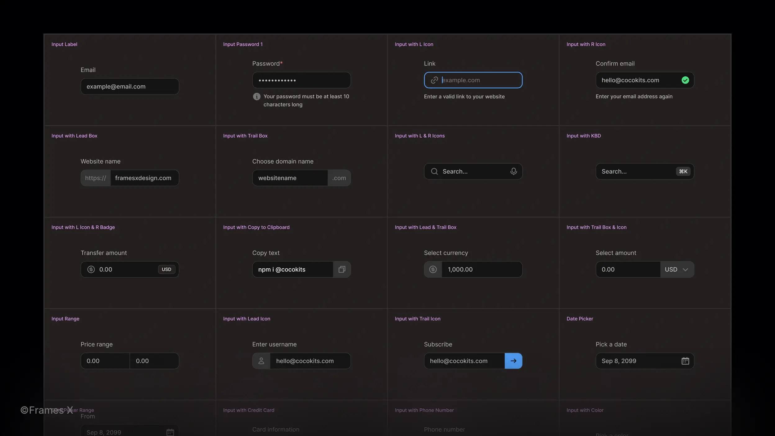 Figma input component examples made with Frames X UI Kit