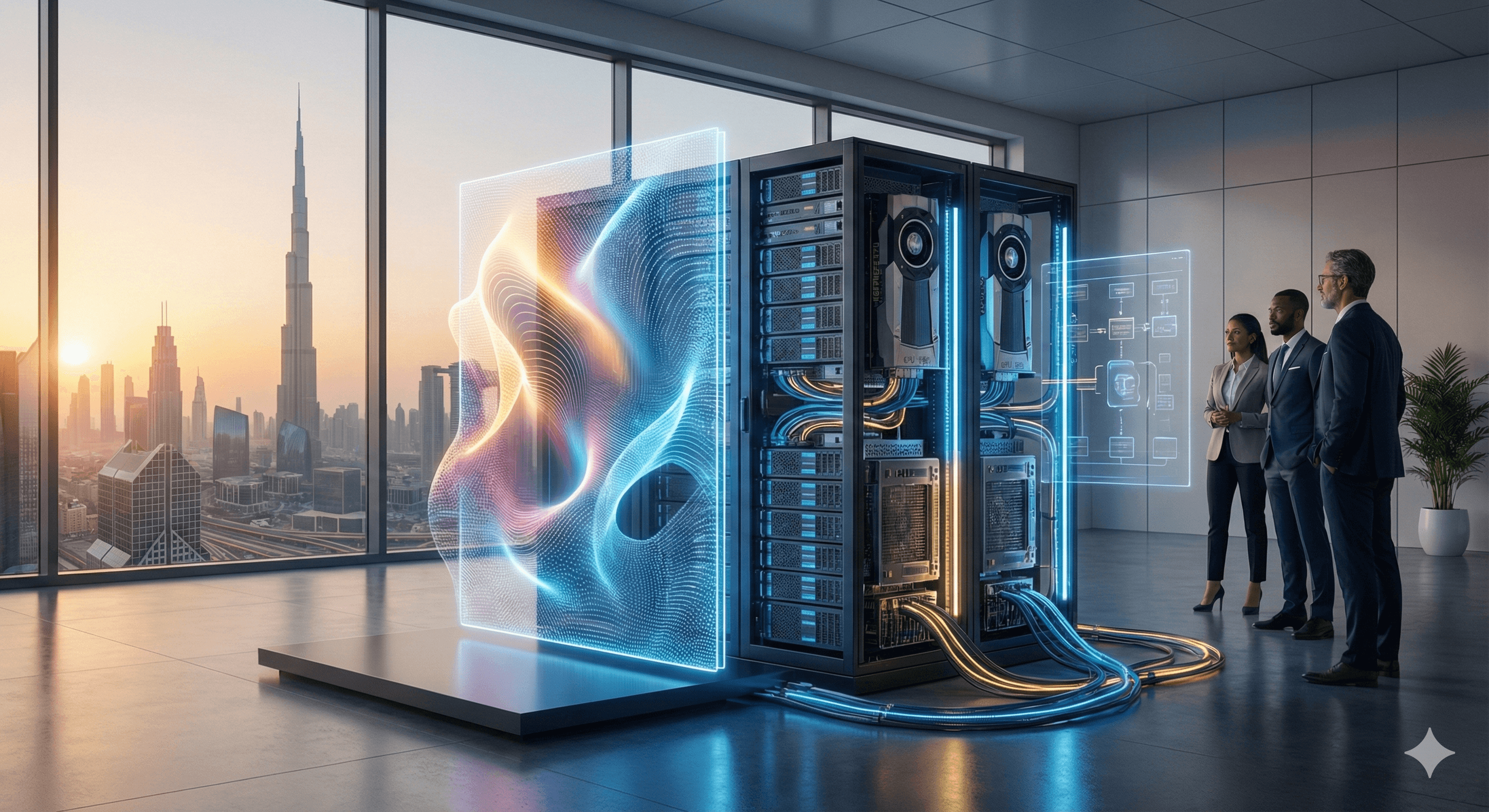 A futuristic concept photograph symbolizing the transition of generative AI art into enterprise-grade server infrastructure within a Dubai skyscraper, watched by a team of C-level executives. The image highlights the scale of AI automation in a business hub.