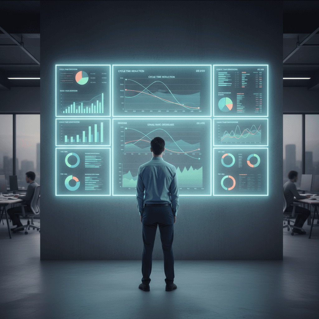 Operations leader reviewing a metrics dashboard for a digital content workflow