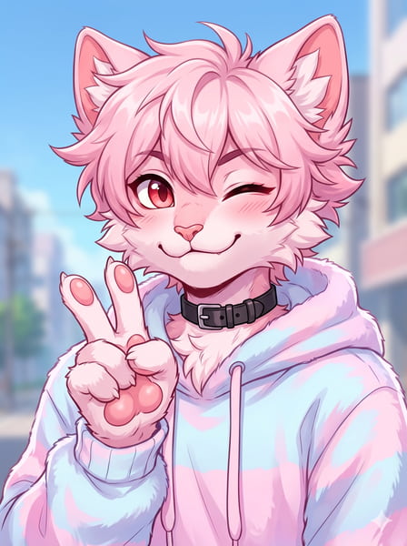 Cute pink cat Furry femboy pfp making a peace sign.