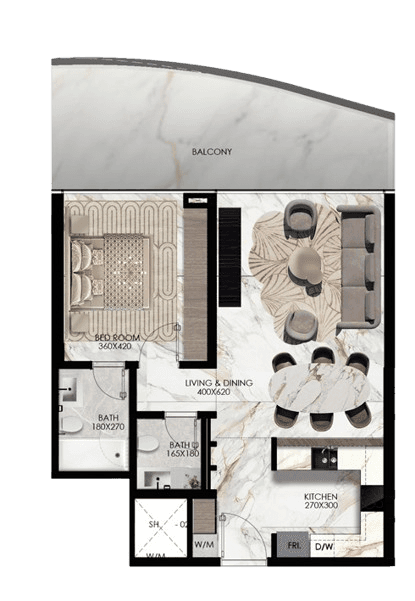 1 bedroom apartment floor plans for Elie Saab Waterfront, detailing room arrangements and sizes.