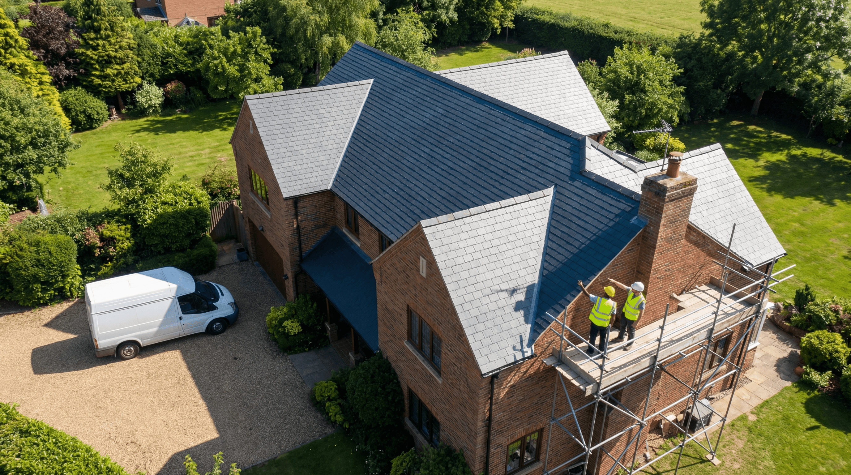 a man in a yellow shirt with a chainsaw on a roof