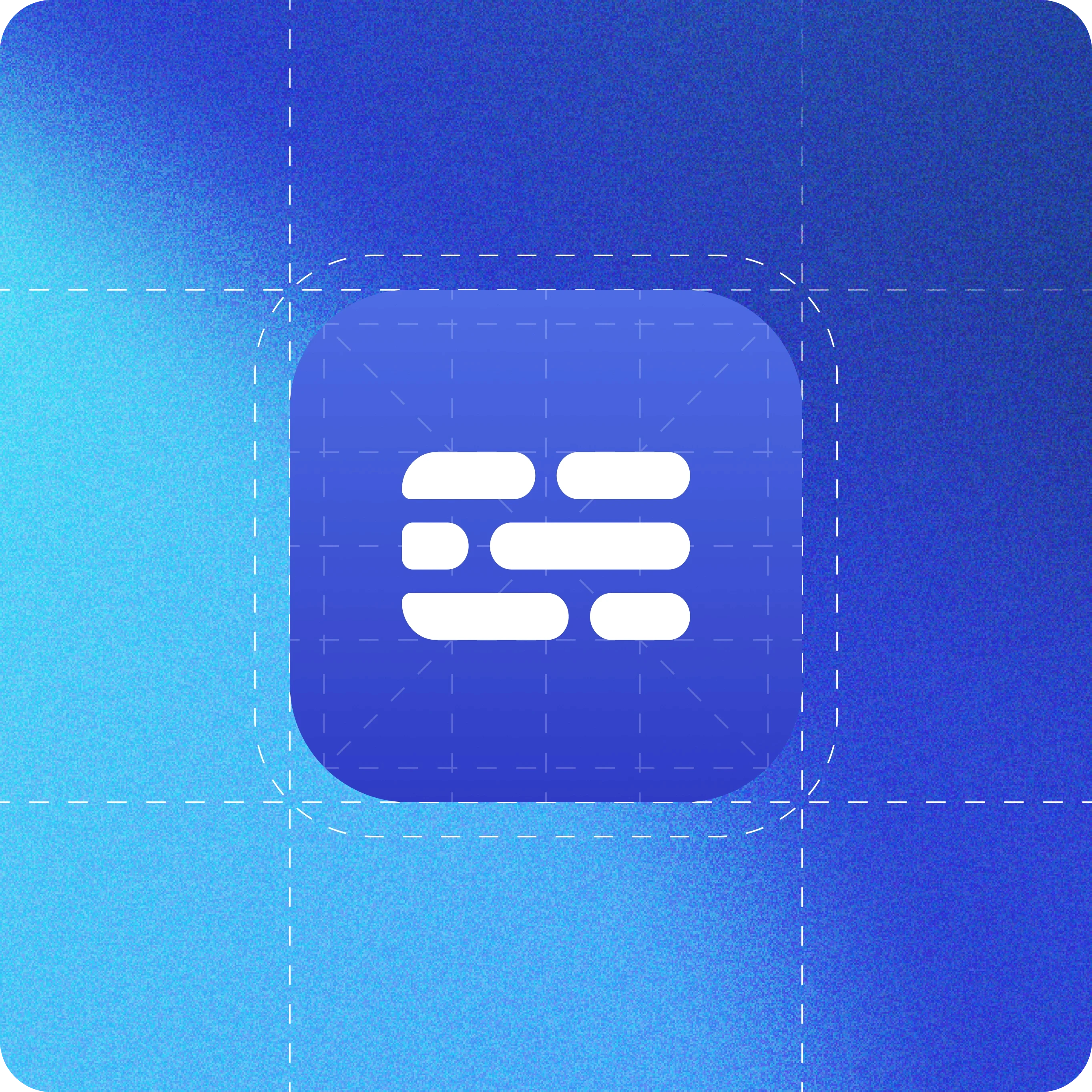 The image shows a blue app icon with a white, rounded rectangular design resembling horizontal lines of text in the center. The background features a gradient of blue shades with dotted white lines creating a grid pattern. This design likely represents a text or communication-related app with a modern, clean aesthetic.