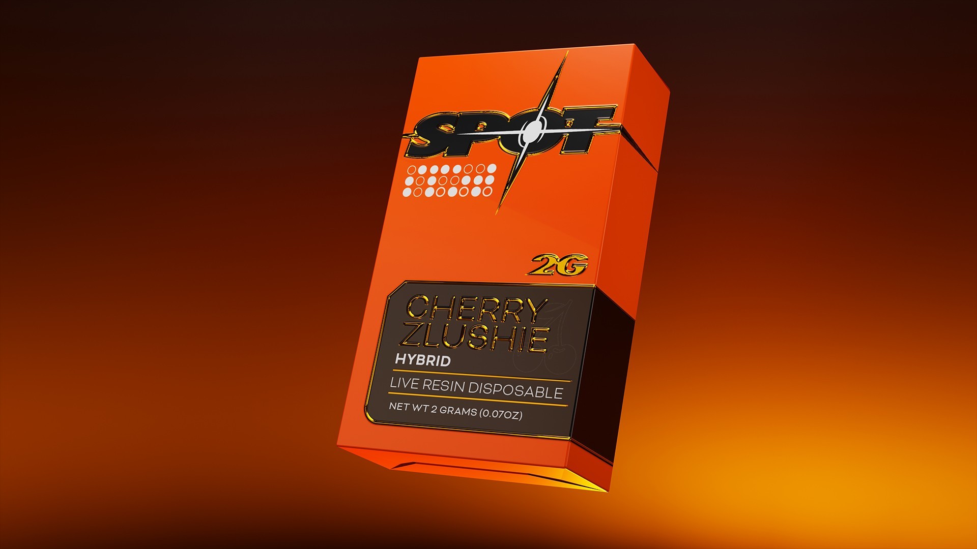 Orange and black SPOT product box floating on an orange gradient