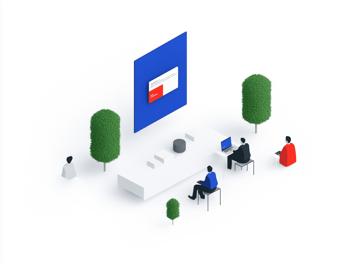 A minimalist digital art of people working at desks with laptops monitoring job postings, surrounded by trees, facing a large screen displaying charts, conveying a modern office setting. 