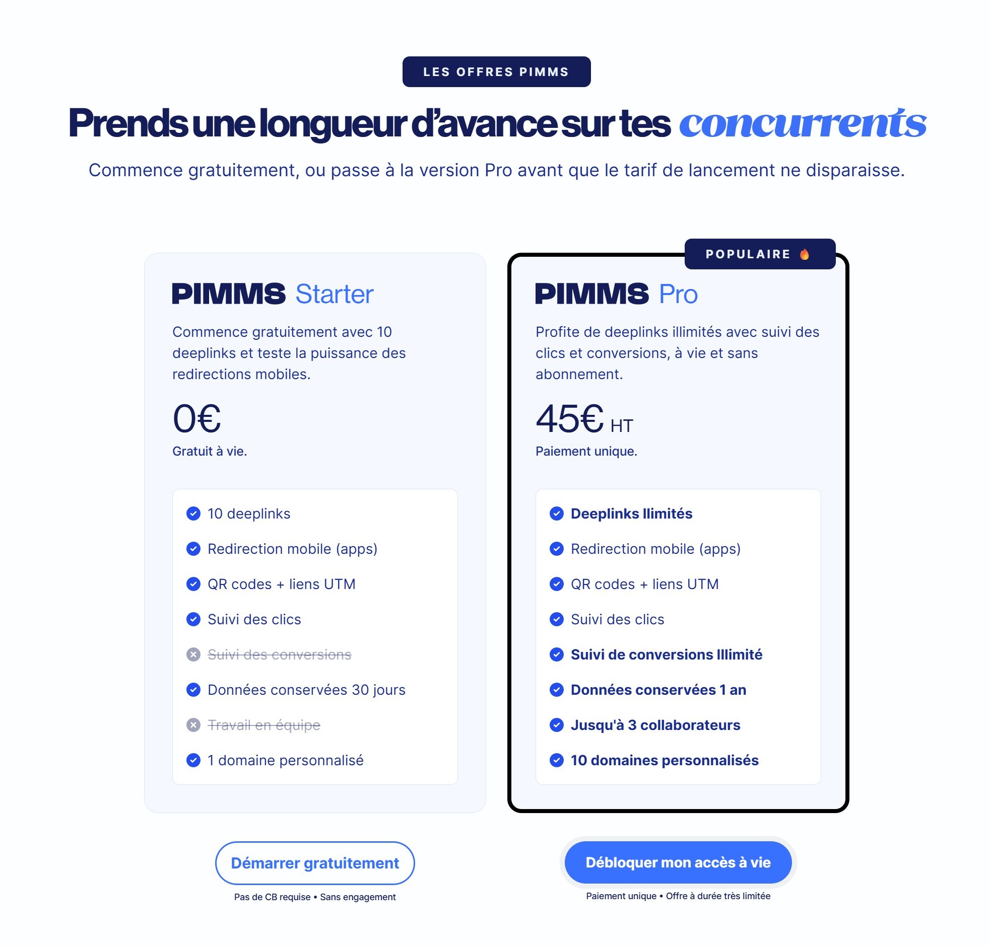 section pricing landing page pimms