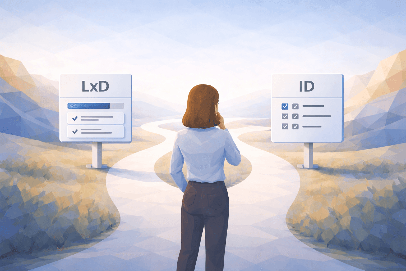 Low-poly 3D illustration of a learning designer standing at a fork in the road, choosing between two signboards labeled “LxD” and “ID” in a calm, modern workplace-learning landscape.