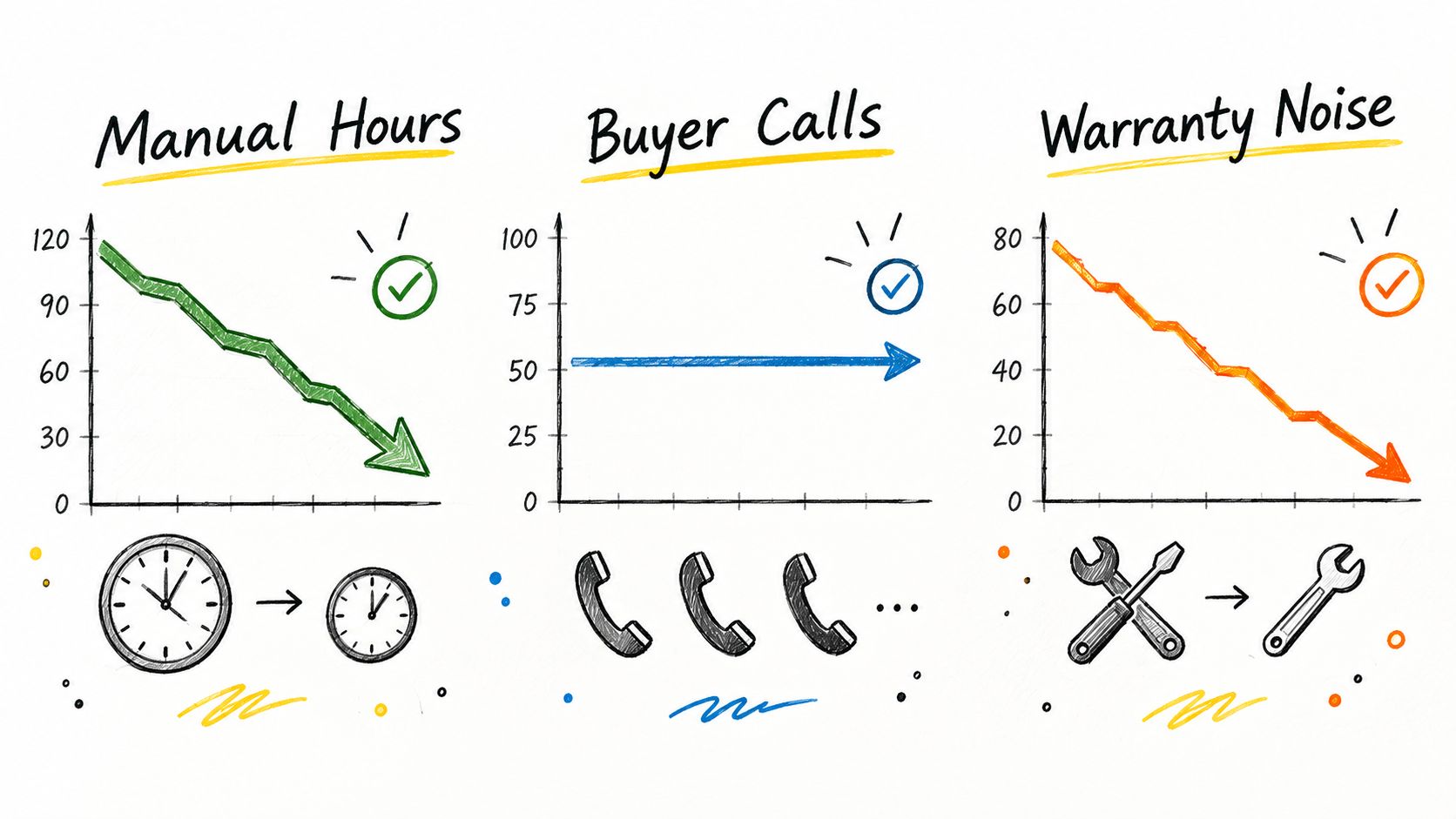 Three charts showing a reduction in manual hours and warranty noise while buyer calls remain constant.