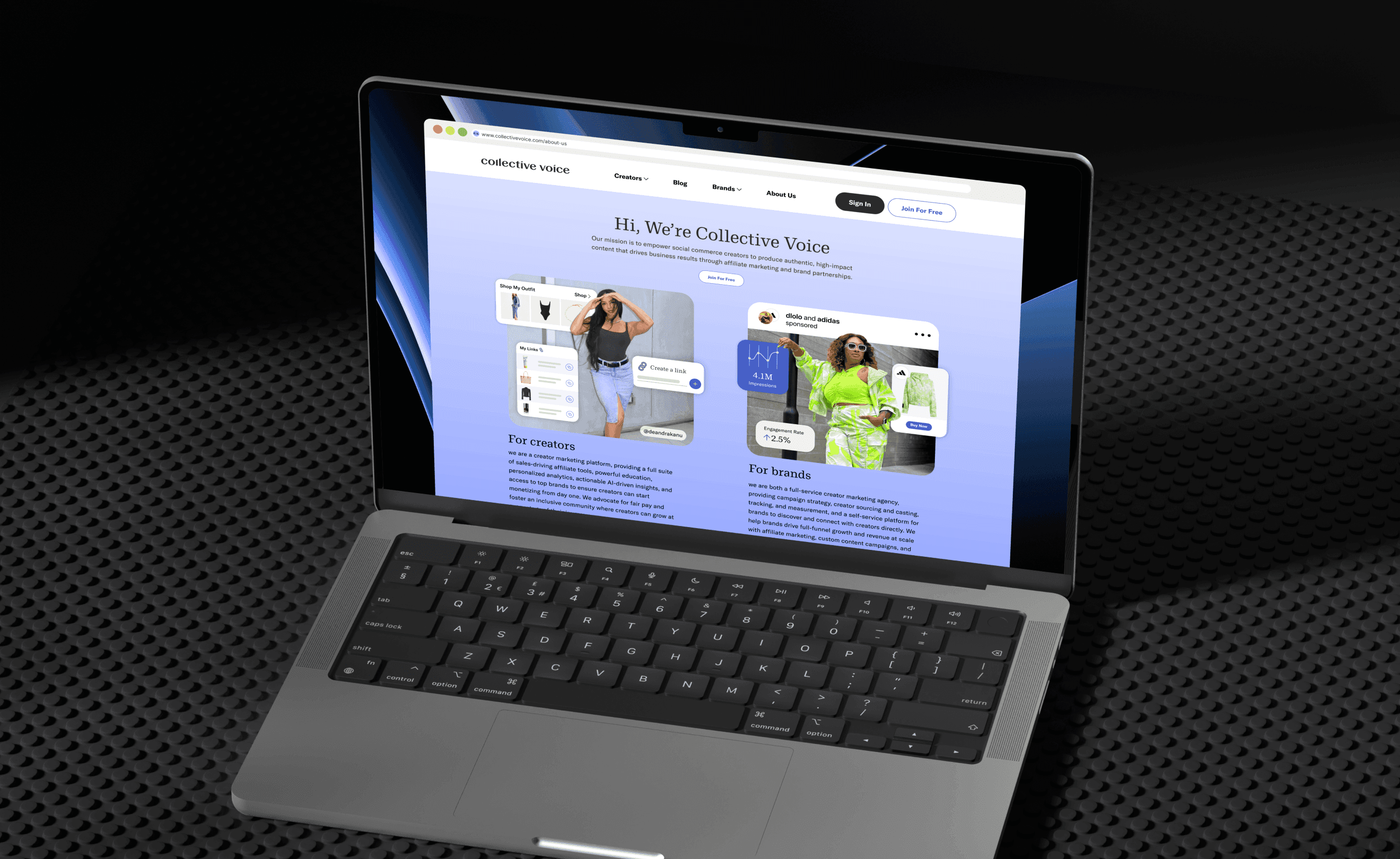 Collective Voice About Us landing page showcasing product offerings for both creators and marketers.