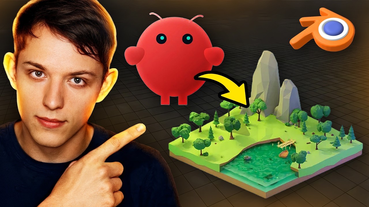 Riley Brown AI-style Blender workflow thumbnail with robot pointing to low-poly 3D island