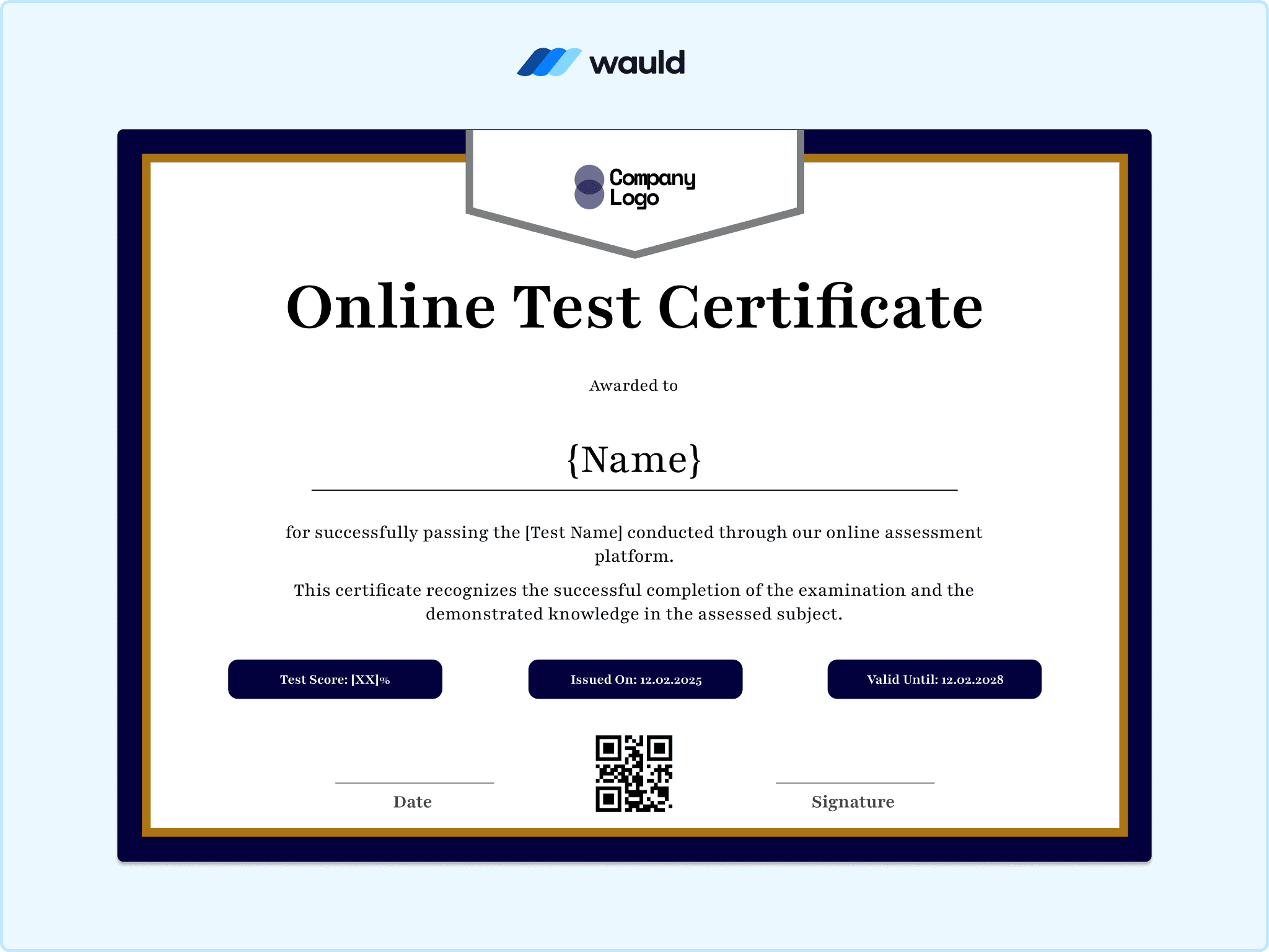 Online test certificate template with navy border and ribbon banner