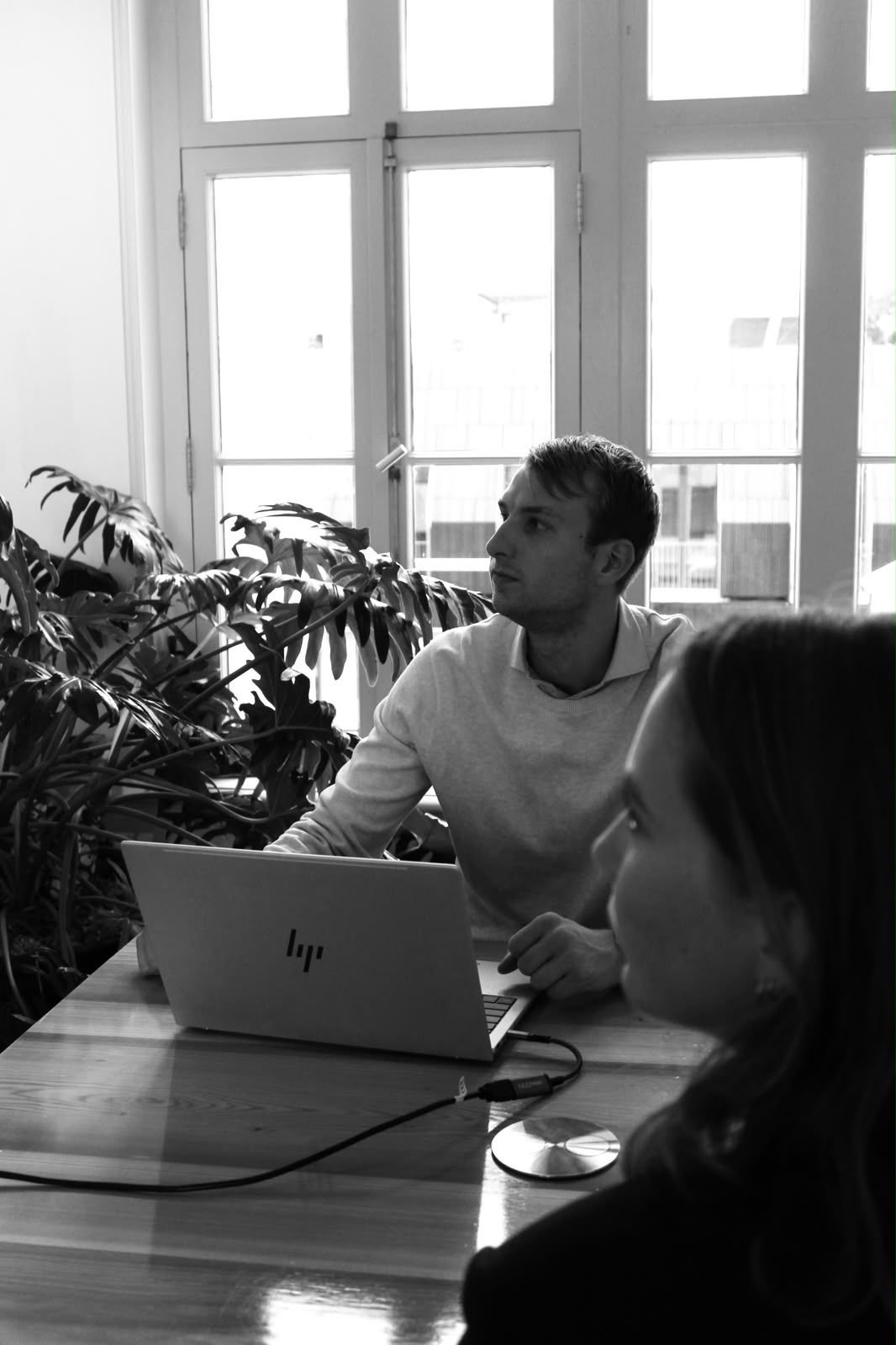 Twee collega's overleggen aan een laptop op kantoor tussen kamerplanten
