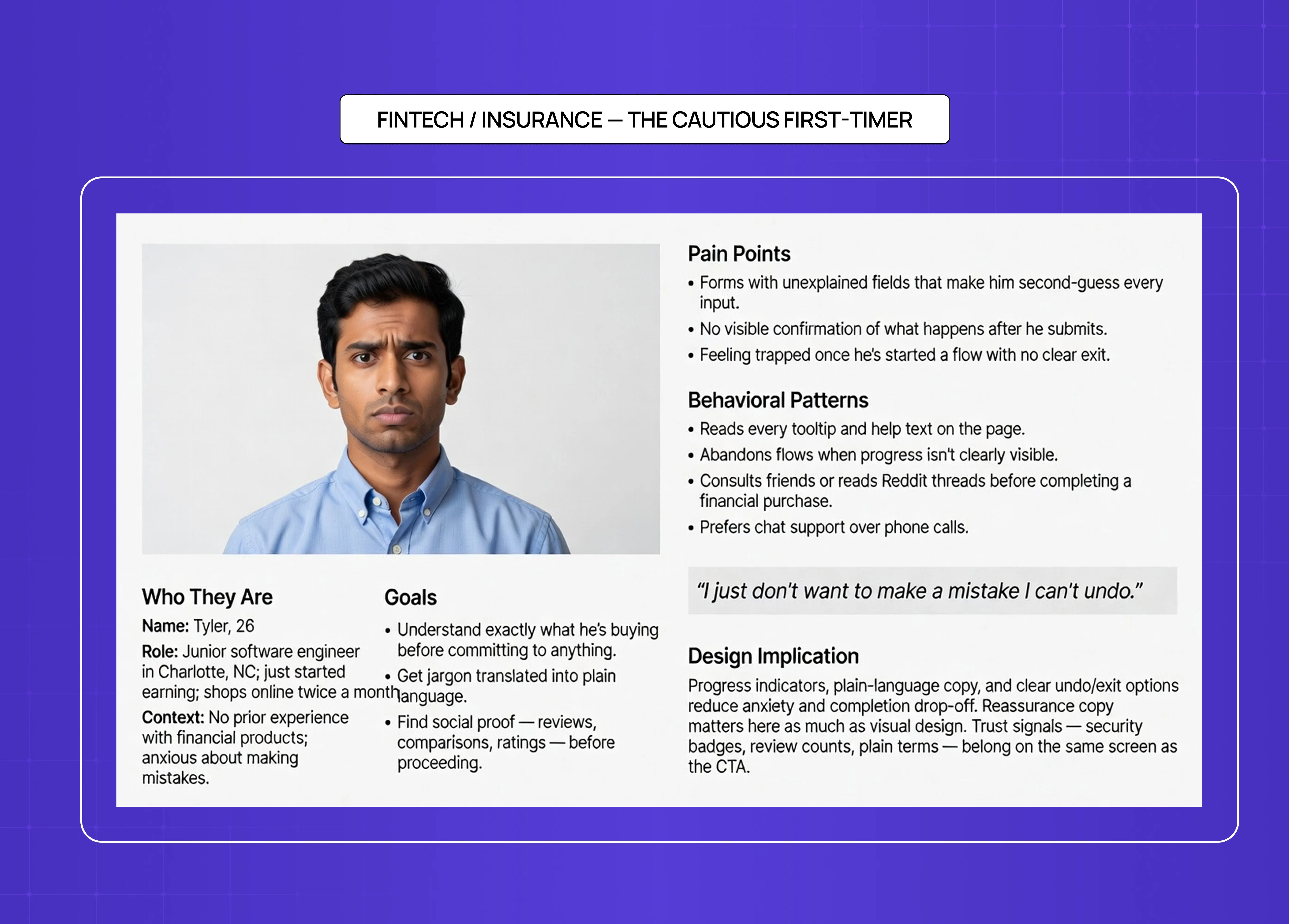 FinTech and insurance UX persona example featuring a cautious first-time user with concerns about trust, complex forms, and financial mistakes, alongside recommended UX considerations.