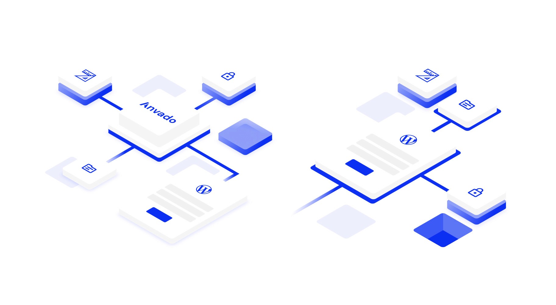 An isometric illustration featuring interconnected 3D blocks representing various digital elements, including the Anvado logo, WordPress icon, and icons for security, design tools, and documents, symbolizing digital services and workflow.