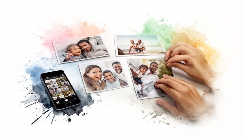 Hands arranging printed family photos with a smartphone displaying a gallery, on a watercolor background.