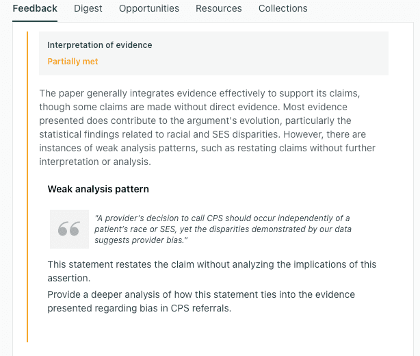 thesify feedback showing weak social science analysis where a claim about provider bias is restated without deeper interpretation