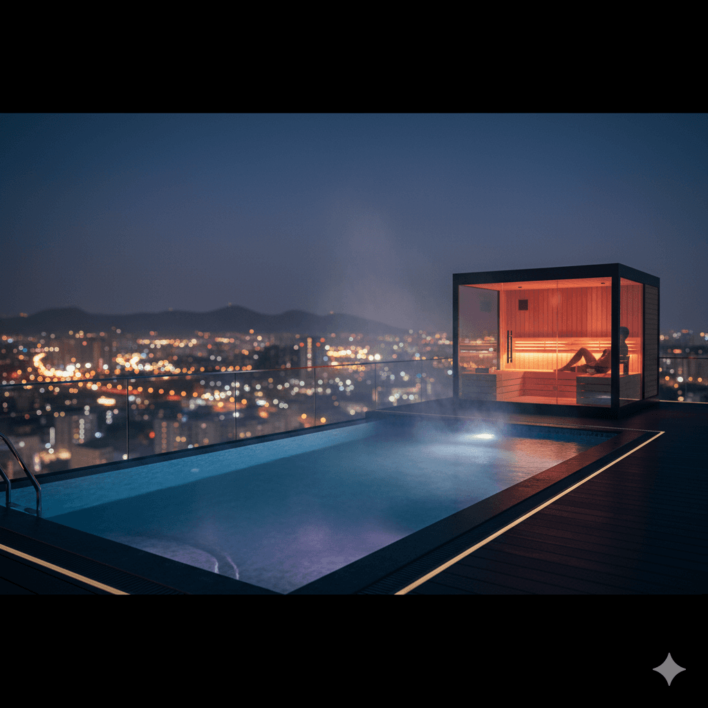 M3M Beverly Hills floating pool and sauna amenity