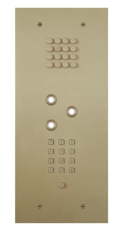 Black smart home device with screen showing time and temp