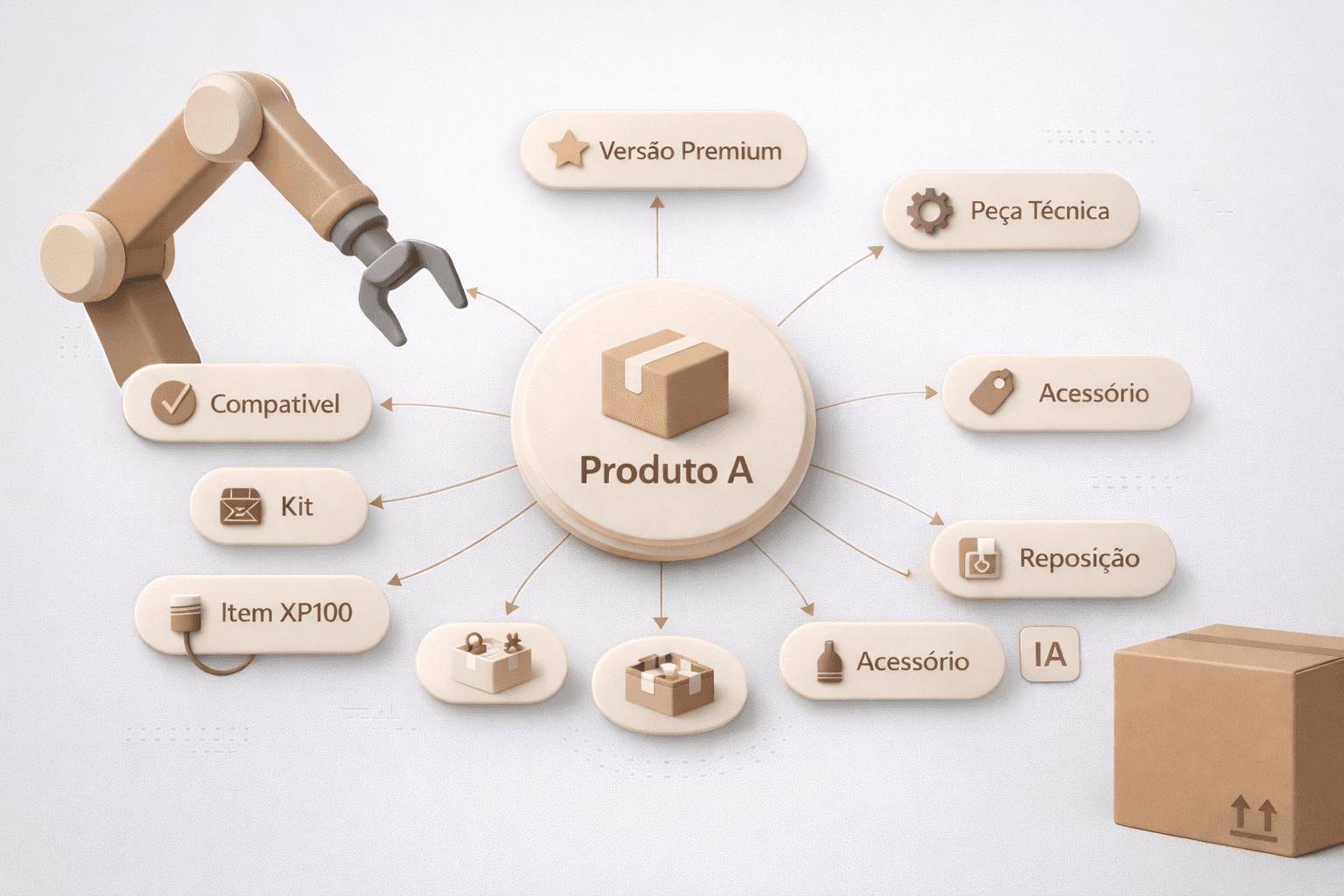 Mapa mental 3D minimalista de catálogo inteligente com produto central e conexões para itens relacionados (compatível, acessório, reposição, kit e peça técnica), indicando recomendações automáticas entre produtos no e-commerce B2B.