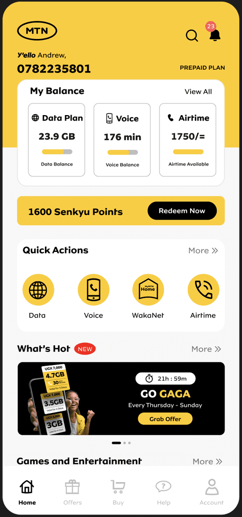 MyMTN app home screen  interface 