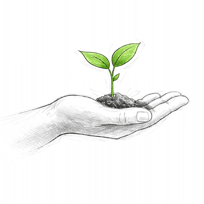 A sketch of a hand holding soil with a small green plant sprouting, symbolizing growth and nurturing. The tone is hopeful and nurturing.