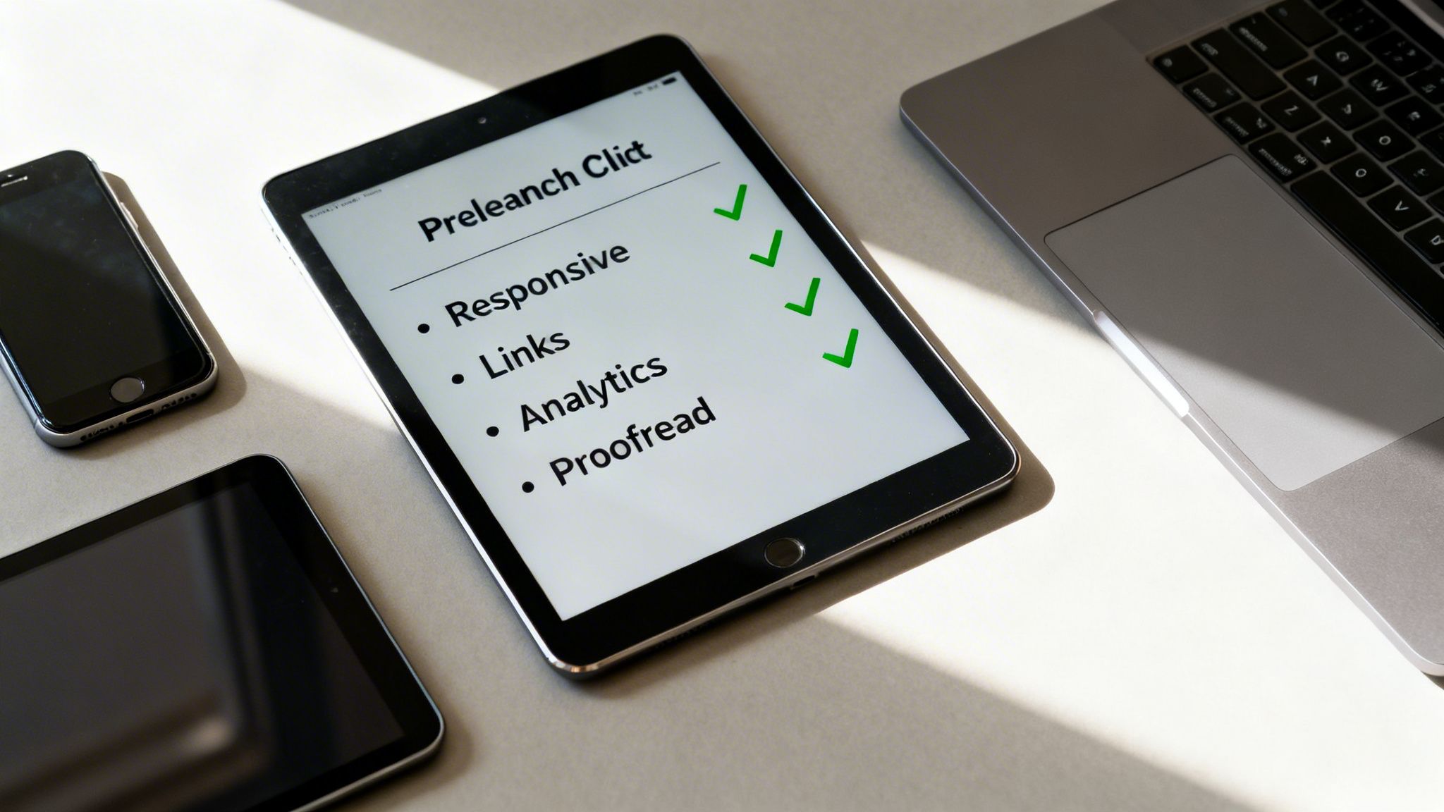 A flat lay of various digital devices: smartphone, two tablets, and a laptop. One tablet displays a prelaunch checklist with all items checked.