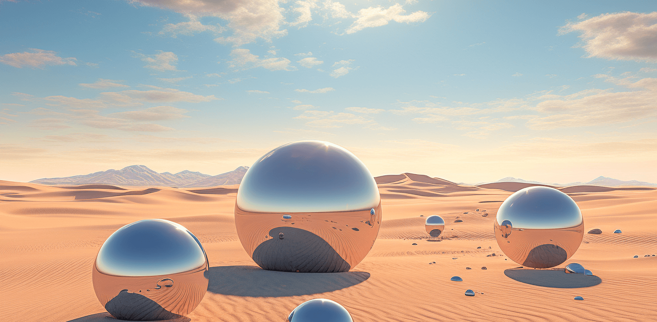 Chrome spheres reflecting a desert landscape under a bright sun.
