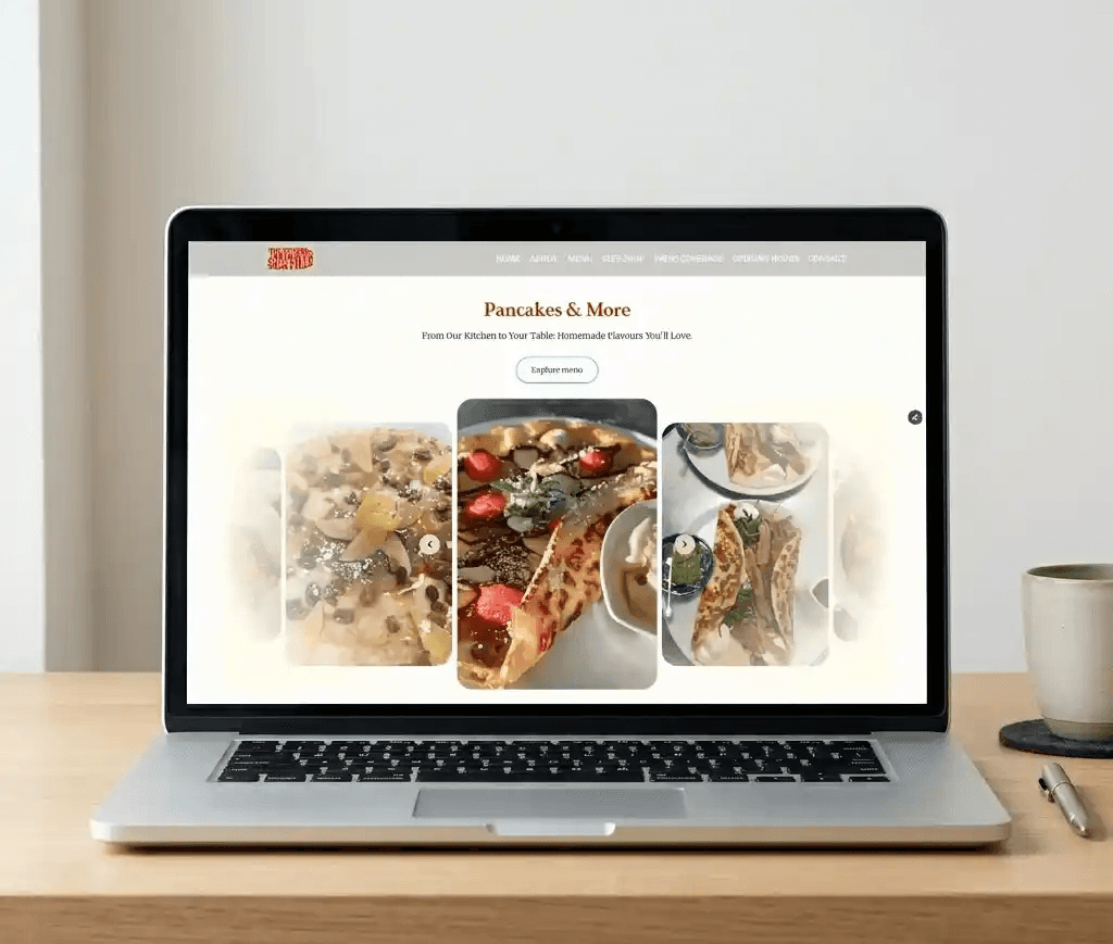 A testimonial from The Strawberryfield owner on a laptop screen, praising the stress-free redesign and the handling of all technical aspects without downtime.