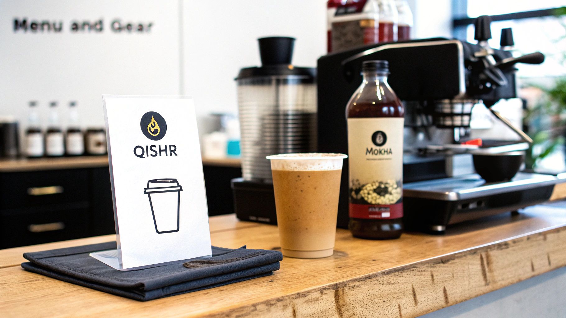 A modern coffee shop counter featuring a QISHR sign, a blended coffee drink, a MOKHA syrup bottle, and an espresso machine.