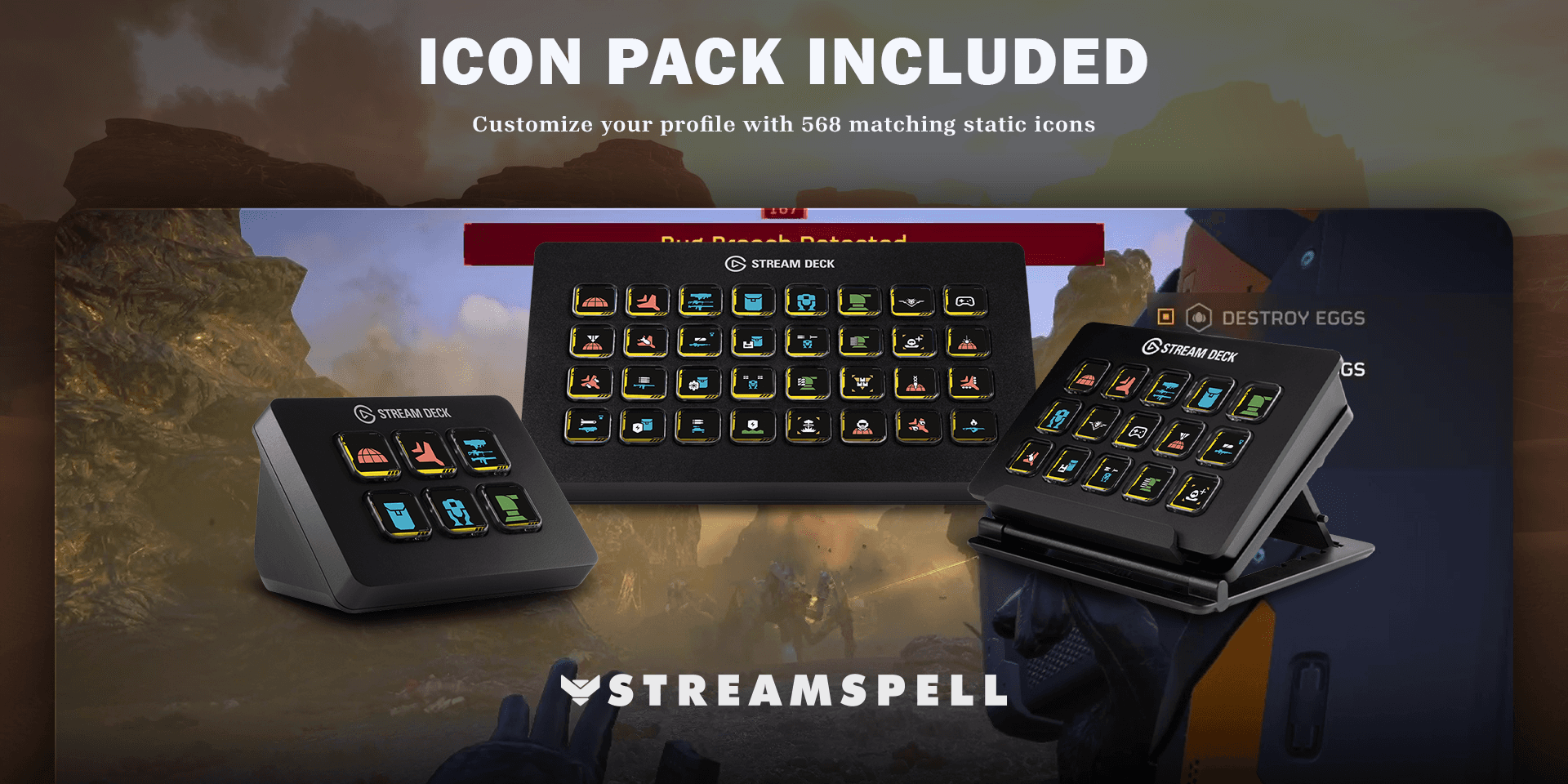 Helldivers 2 Stream Deck Icon Pack with 568 matching static icons across multiple devices
