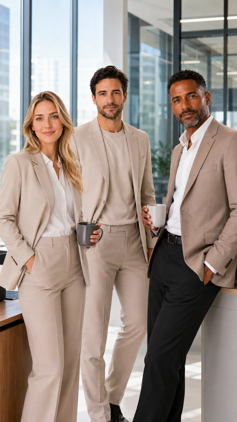 Three relaxed employees in a modern office drinking coffee