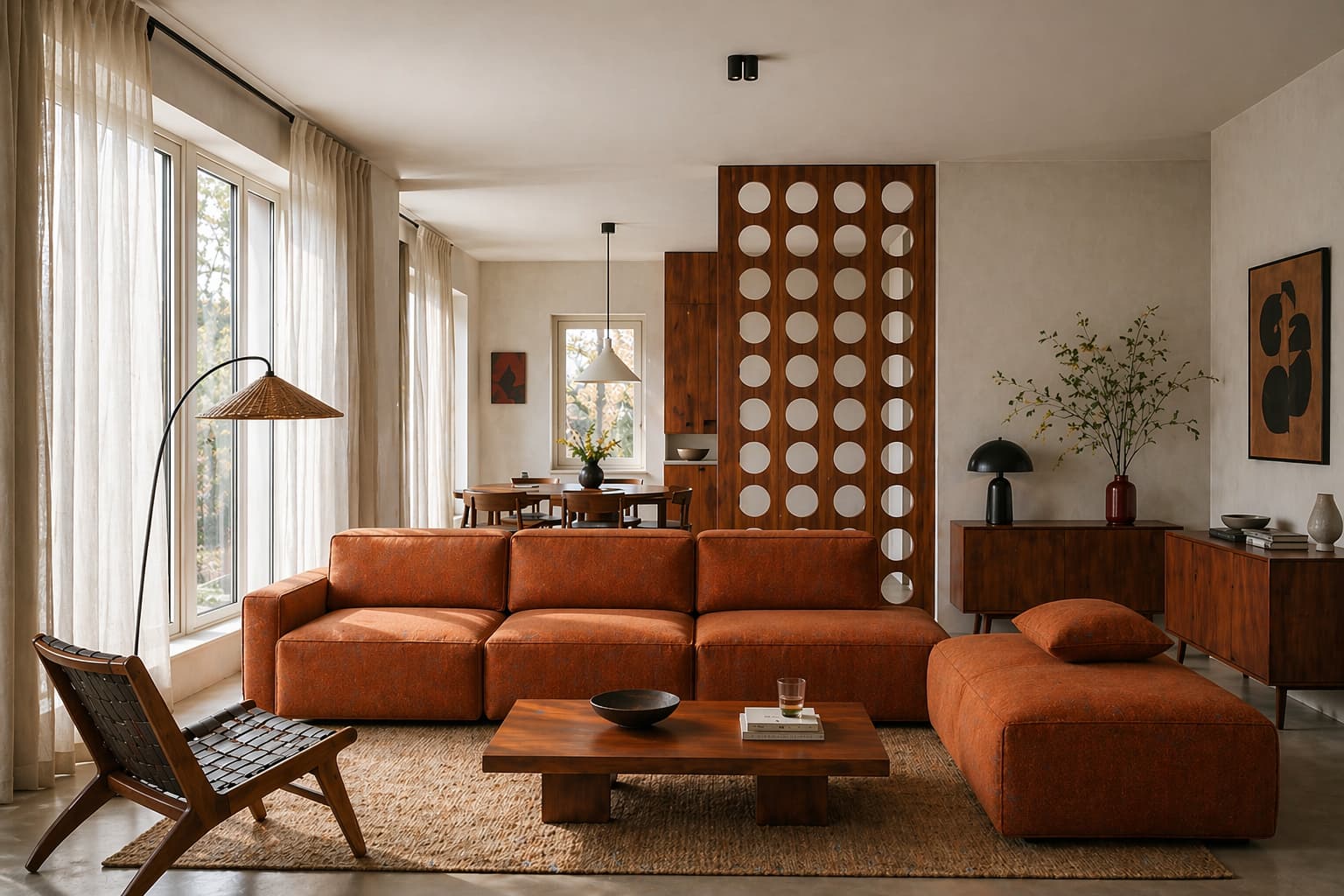 A modern living room features a warm, earthy color palette with an orange sectional sofa, a wooden coffee table, and a textured wicker chair, illuminated by natural light streaming through large windows with sheer curtains; a wooden partition with circular cutouts separates the space from a dining area, enhancing the mid-century aesthetic.