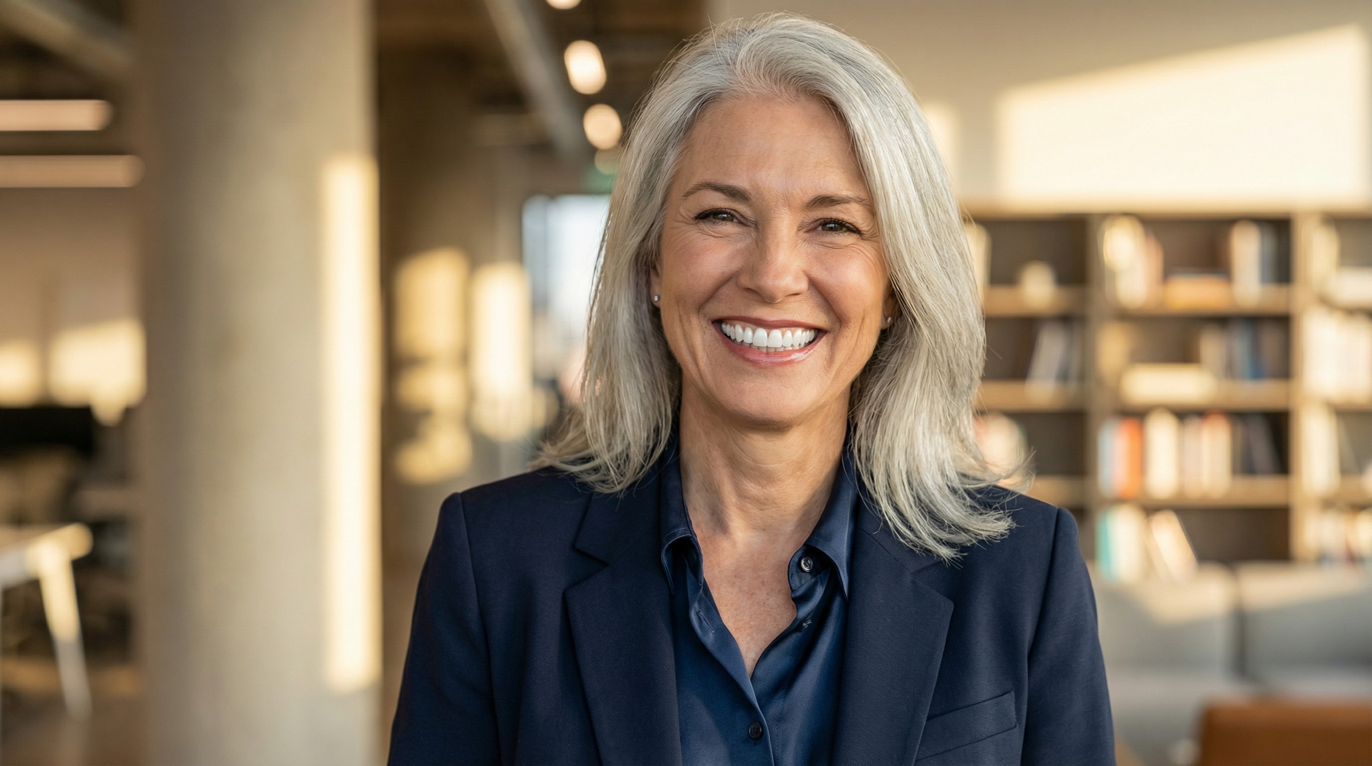 Long-term implant patient showing successful decades of implant function and beautiful natural smile