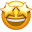 Émoji jaune souriant avec une bouche grande ouverte et deux étoiles dorées brillantes à la place des yeux.
